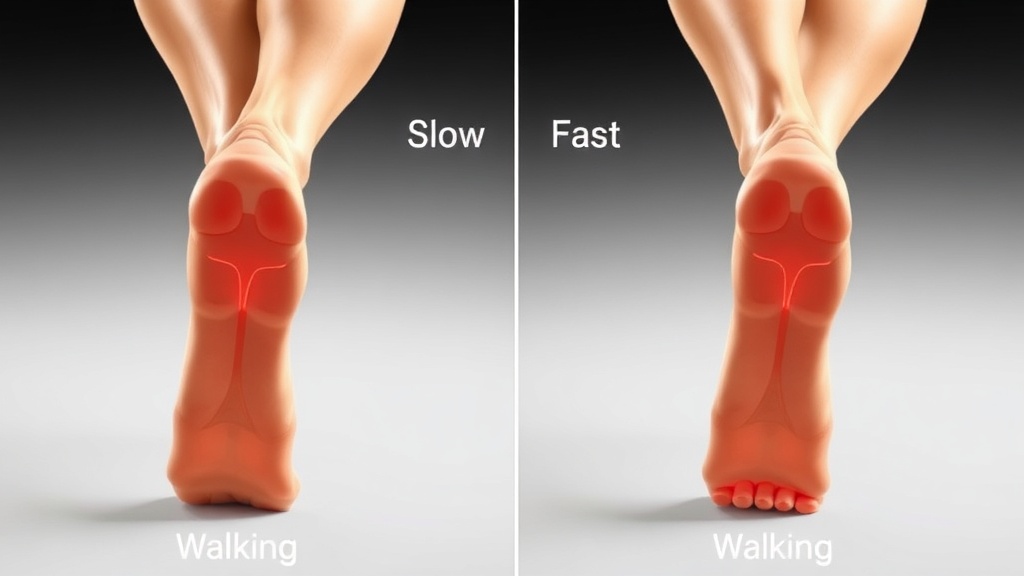 느린 보행과 빠른 보행에서 발이 지면에 닿는 패턴을 비교한 이미지
