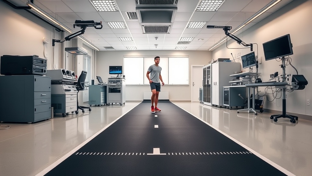 연구 환경에서 보행 속도를 측정하기 위한 장비와 트랙이 설치된 공간
