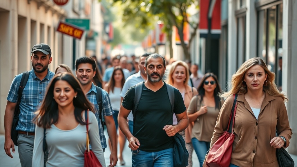 다양한 연령대의 사람들이 각기 다른 속도로 걷는 일상적인 장면