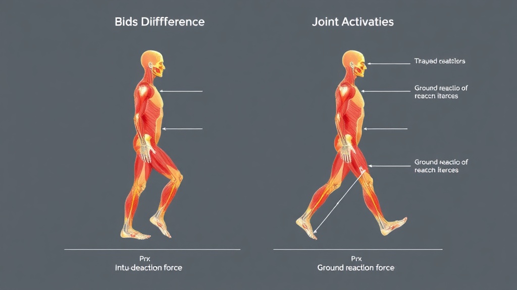 서로 다른 속도로 걷는 사람들의 신체 역학적 차이를 보여주는 비교 이미지